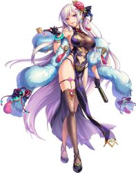 1girl artist_request asymmetrical_legwear bodysuit bracelet breasts chinese_clothes evil_smile feather_boa flower flower_on_head full_body gloves gold hand_fan jewelry kamihime_project_r large_breasts looking_down mordred_(kamihime) navel pink_hair see-through_clothes see-through_bodysuit shoes smile smoking_pipe thighs transparent_background white_hair
