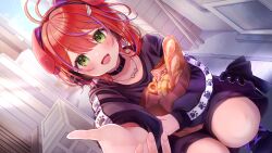 1girl :d absurdres akane_canna animal_collar animal_ear_headphones animal_ears antenna_hair bag baguette black_shirt black_shorts blush bone_necklace botamochi_(botabutasan) bread collar commentary_request fake_animal_ears fang food green_eyes headphones highres looking_at_viewer melon_bread multicolored_hair nanashi_inc. official_art open_mouth paper_bag pretzel purple_hair red_hair shirt shopping_bag short_hair shorts skin_fang smile solo streaked_hair t-shirt two-tone_hair upper_body virtual_youtuber