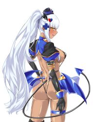 1girl absurdres alternate_skin_color areola_slip ass back black_gloves black_thighhighs blunt_bangs blush breasts corruption covered_erect_nipples dark-skinned_female dark_persona dark_skin demon_girl demon_horns demon_tail demon_wings elbow_gloves facial_mark from_behind girls&#039;_frontline gloves hair_ornament hat highres hk416_(girls&#039;_frontline) horns large_breasts logia13laplace long_hair looking_at_viewer looking_back low_wings ponytail puffy_short_sleeves puffy_sleeves revealing_clothes short_sleeves shrug_(clothing) sideboob simple_background slave_gear slingshot_swimsuit smile solo swimsuit tail tan tattoo teardrop_facial_mark teardrop_tattoo thigh_strap thighhighs transparent_background ts_magical_girl_nao variant_set very_long_hair white_background white_hair wings yellow_eyes
