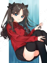 Rule 34 | 1girl, black hair, black ribbon, black skirt, black thighhighs, closed mouth, commentary request, cross, cross print, fate/stay night, fate (series), hair ribbon, highres, invisible chair, long hair, long sleeves, looking at viewer, miniskirt, parted bangs, red sweater, ribbon, sitting, skirt, smile, solo, sweater, tanka kikurage, thighhighs, tohsaka rin, turtleneck, turtleneck sweater, twitter username, two side up
