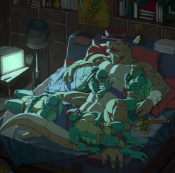 5boys bandana book bookshelf cup donatello_(tmnt) drooling elbow_pads furry furry_male indoors inubiko lampshade leatherhead_(tmnt) leonardo_(tmnt) lying michelangelo_(tmnt) mug multiple_boys muscular muscular_male nunchaku on_back on_side pen pillow poster_(object) raphael_(tmnt) sleeping teenage_mutant_ninja_turtles television under_covers weapon western_comics_(style)