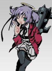 1girl angel black_ribbon black_thighhighs blazer bokusatsu_tenshi_dokuro-chan club_(weapon) excalibolg green_eyes halo highres holding holding_club holding_weapon jacket looking_at_viewer mitsukai_dokuro neck_ribbon one_eye_closed open_mouth pleated_skirt purple_hair ribbon school_uniform shirt skirt smile solo thighhighs weapon white_shirt white_skirt