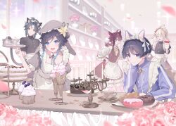 Rule 34 | 5boys, absurdres, animal ears, apron, bell, beret, black hair, black shirt, blue eyes, blue hair, brown hat, brown vest, cake, candle, candlestand, cat boy, cat ears, closed eyes, closed mouth, cup, cupcake, donut, food, genshin impact, glass, green eyes, green hair, hat, highres, ice cream, jacket, kaedehara kazuha, kkopoli, maid, maid apron, maid headdress, multicolored hair, multiple boys, open mouth, purple eyes, purple jacket, red hair, scaramouche (genshin impact), shikanoin heizou, shirt, smile, track jacket, venti (genshin impact), vest, wanderer (genshin impact), white hair, xiao (genshin impact), yellow eyes