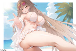1girl absurdres artist_name azur_lane bare_shoulders beach bikini blue_sky blush breasts brown_hair cleavage cloud commentary_request day eyewear_on_head frilled_bikini frills hair_between_eyes highres inset_border large_breasts lens_flare lion_(azur_lane) lion_(the_reclining_dandelion)_(azur_lane) long_hair looking_at_viewer navel official_alternate_costume open_mouth outdoors palm_tree sky smile solo stomach sunglasses sunlight swimsuit thighs tinted_eyewear tree very_long_hair white_background white_bikini xnnagu yellow_eyes