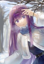 1girl arm_up belt belt_buckle black_belt blue_scarf blunt_bangs branch breath buckle chinese_commentary commentary_request day fern_(sousou_no_frieren) fur_trim highres kong_ming_kmmo leaning leaning_to_the_side long_sleeves looking_at_viewer open_mouth outdoors purple_eyes purple_hair scarf snow solo sousou_no_frieren sunlight winter