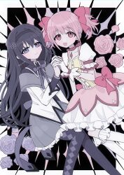 2girls akemi_homura argyle_clothes argyle_footwear back_bow black_background black_boots black_capelet black_hair black_hairband boots border bow bow_choker bowtie bubble_skirt buttons capelet center_frills chest_jewel choker closed_mouth collarbone collared_capelet dress dress_bow feet_out_of_frame flower frilled_dress frilled_skirt frilled_sleeves frilled_socks frills gem gloves grey_capelet grey_skirt hair_bow hairband halftone happy highres holding_hands interlocked_fingers kaname_madoka kneehighs light_blush long_hair looking_at_viewer magical_girl mahou_shoujo_madoka_magica mahou_shoujo_madoka_magica_(anime) miniskirt multiple_girls open_mouth outside_border pink_bow pink_dress pink_eyes pink_flower pink_gemstone pink_hair pink_rose pleated_skirt puffy_short_sleeves puffy_sleeves purple_bow purple_bowtie purple_eyes purple_flower purple_rose red_bow red_choker rose short_dress short_hair short_sleeves short_twintails sidelocks skirt skirt_under_dress smile socks tareme thigh_boots twintails two-tone_capelet very_long_hair white_border white_dress white_gloves white_skirt white_sleeves white_socks yakitori_egg