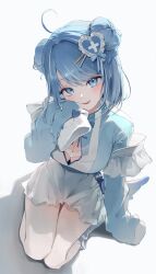 1girl absurdres arahashi_tabi backlighting bbony_0_0 blue_eyes blue_hair blush bra breasts cleavage cleavage_cutout clothing_cutout double_bun dress hair_bun hair_ornament hairclip heart heart_bra heart_hair_ornament heart_print highres long_sleeves looking_at_viewer parted_lips pink_bra shadow simple_background sleeves_past_fingers sleeves_past_wrists smile stellive thighs underwear virtual_youtuber white_background