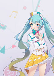 1girl absurdres aqua_eyes aqua_hair bow bowtie cowboy_shot flag gradient_hair hat hatsune_miku highres holding holding_flag jacket ji-rex multicolored_hair plaid_clothes plaid_shorts plaid_skirt pleated_skirt shorts shorts_under_skirt skirt solo swept_bangs twintails vocaloid white_jacket white_shorts yellow_skirt