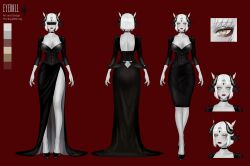 1girl absurdres animated artist_name back_cutout backless_dress backless_outfit black_blindfold black_horns blindfold breasts reference_sheet choker cleavage clothing_cutout collarbone color_guide colored_skin commentary dress english_commentary expressionless eyeliner facial_mark forehead_mark grey_skin head_wings high_heels highres horns large_breasts live2d long_dress low_wings makeup medium_dress medium_hair milady_(yui930) multiple_wings original red_eyeliner red_lips side_slit white_hair wings yellow_eyes yui930