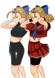 Rule 34 | 1girl, alternate costume, bike shorts, blonde hair, blue ribbon, capcom, crop top, cropped shirt, drill hair, hair raising, hair ribbon, hairdressing, hands over head, hands up, kanzuki karin, looking to the side, midriff, navel, red skirt, ribbon, school uniform, shorts, skirt, sports bra, street fighter, stretching, tikuwabu 33