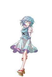 1girl alphes_(style) aqua_shirt aqua_vest arms_behind_back blue_hair blush breasts closed_eyes closed_mouth collar commentary_request dairi frilled_collar frills full_body geta highres large_variant_set long_sleeves parody shirt short_hair skirt smile solo standing standing_on_one_leg style_parody tachi-e tatara_kogasa touhou transparent_background variant_set white_shirt