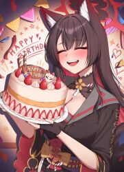 1girl :d ^_^ absurdres animal_ear_fluff animal_ears birthday_cake black_gloves black_hair black_kimono blue_archive blush breasts cake cleavage closed_eyes commentary confetti english_commentary fingerless_gloves food fox_ears fox_girl fox_tail fruit gloves grey_sailor_collar gyu_chul hair_between_eyes happy happy_birthday heart highres holding holding_food japanese_clothes kimono long_hair obi open_mouth purple_sash revision sailor_collar sash sidelocks smile solo star_(symbol) strawberry tail teeth upper_body upper_teeth_only wakamo_(blue_archive)