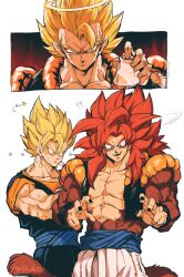 3boys absurdres anger_vein biceps blue_sash body_fur brown_fur dougi dragon_ball dragon_ball_gt dual_persona earrings fusion fusion_dance gogeta halo highres jewelry metamoran_vest monkey_boy monkey_tail multiple_boys no_nipples potara_earrings relio_db318 sash super_saiyan super_saiyan_1 super_saiyan_4 tail vegetto veins veiny_hands