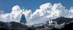 1girl absurdres asteroid_ill blue_eyes blue_hair blush cloud cloudy_sky creatures_(company) day game_freak gen_1_pokemon gen_3_pokemon highres huge_filesize lana_(pokemon) looking_at_viewer nintendo open_mouth outdoors pokemon pokemon_(creature) pokemon_sm scenery shellder sky sleeveless smile wingull