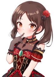 1girl alternate_hairstyle black_gloves blush brown_eyes brown_hair commentary_request daysss detached_sleeves dress finger_to_mouth flat_chest flower frilled_dress frills gloves gold_trim hair_flower hair_ornament hand_up highres idolmaster idolmaster_cinderella_girls lace lace-trimmed_gloves lace-trimmed_sleeves lace_trim long_hair looking_at_viewer red_dress sidelocks solo tachibana_arisu twintails upper_body white_background