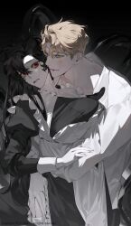 1boy 1girl absurdres apron black_dress black_hair blonde_hair blood blood_drip blood_from_mouth closed_mouth colored_skin dark_background dress frilled_apron frills gloves gradient_background green_eyes hand_on_another&#039;s_waist high_collar highres hug long_hair long_sleeves looking_at_viewer nakddidi original parted_bangs parted_lips red_eyes shirt short_hair smile white_apron white_gloves white_shirt white_skin
