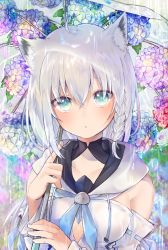 Rule 34 | 1girl, absurdres, ahoge, animal ear fluff, animal ears, blush, braid, collarbone, colorful, commentary, coneco, detached sleeves, female focus, flower, fox ears, green eyes, hair between eyes, highres, holding, holding umbrella, hololive, huge filesize, hydrangea, looking at viewer, parted lips, rain, see-through clothes, shirakami fubuki, shirakami fubuki (1st costume), side braid, solo, umbrella, upper body, virtual youtuber, white hair