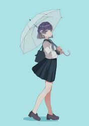 1girl absurdres aqua_background bag commentary flower from_side full_body gakuen_idolmaster hair_flower hair_ornament hataya_misuzu highres holding holding_umbrella idolmaster loafers looking_at_viewer neckerchief pleated_skirt purple_eyes purple_hair school_bag school_uniform serafuku shoes short_hair skirt solo tonata_0201 umbrella walking