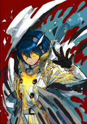 Rule 34 | 1boy, arm up, belt, belt buckle, black gloves, blue hair, buckle, closed mouth, coat, cowboy shot, dark-skinned male, dark skin, gloves, glowing, glowing eyes, hairband, highres, looking to the side, male focus, metal hairband, metaphor: refantazio, mgmgdes61, orange eyes, patterned clothing, prince (archetype), protagonist (metaphor: refantazio), red background, sideways glance, smile, solo, standing, white coat