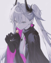 1girl breasts candy claws coat commentary demon_horns earrings fate/grand_order fate_(series) food fov_ps green_eyes horns jewelry lilith_(fate) lollipop looking_at_viewer medium_breasts open_clothes open_coat parted_lips solo twintails white_hair