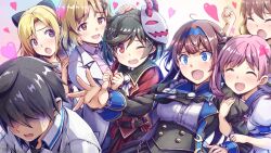 1boy 6+girls arm_hug black_hair blonde_hair blue_eyes breasts brown_eyes brown_hair depressed dress embarrassed flustered gal_guardians gal_gun_(series) game_cg game_screenshot grey_eyes half-closed_eyes harem heart heart-shaped_pupils highres hug inti_creates kamizono_maya kamizono_shinobu large_breasts mask mask_on_head multiple_girls non-web_source official_art one_eye_closed open_mouth outstretched_arm pimp pink_eyes purple_hair school_uniform short_hair small_breasts smile sweatdrop symbol-shaped_pupils tears thick_thighs thighs turn_pale twintails yuri