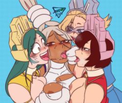 4girls absurdres animal_ears animal_hands areola_slip artist_logo artist_name bell blonde_hair blue-tinted_eyewear blue_background blue_eyes blue_hair blush boku_no_hero_academia breast_cutout breast_press breasts brown_eyes brown_hair cat_paws choker collared_shirt costume crazy_smile dark-skinned_female dark_skin dotted_background eyes_visible_through_hair facial_mark fangs female_focus french_kiss fur_collar gloves grabbing_another&#039;s_breast groping hair_between_eyes harem headgear highres kiss leotard logo long_eyelashes long_hair mandalay_(boku_no_hero_academia) matching_hair/eyes medium_breasts medium_hair mirko multiple_girls muscular muscular_female neck_bell nipples paw_gloves pimp pixie-bob_(boku_no_hero_academia) rabbit_ears rabbit_girl ragdoll_(boku_no_hero_academia) red_eyes saliva saliva_trail shirt smile superhero_costume syzygy_stagy tinted_eyewear toned tongue tongue_out torn_clothes visor whisker_markings white_hair white_leotard yellow_eyes yuri