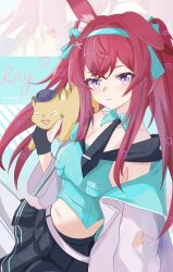 1girl arknights chinese_commentary commentary_request hairband highres looking_at_viewer midriff miniskirt necktie pantyhose purple_eyes ray_(arknights) ray_(dreaming_high)_(arknights) red_hair skirt twintails white_pantyhose zerosama_(sailuojiang)