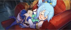Rule 34 | 1girl, alcohol, aqua (konosuba), blue boots, blue brooch, blue dress, blue hair, blush, boots, bottle, bow, bowtie, breasts, brick wall, closed eyes, corked bottle, couch, dark room, detached sleeves, dress, drooling, drunk, dutch angle, game cg, green bow, green bowtie, hair ornament, hair rings, high heel boots, high heels, highres, holding, holding bottle, hugging object, indoors, kono subarashii sekai ni shukufuku wo!, konosuba! fantastic days, lens flare, lying, medium breasts, official art, on couch, on side, open mouth, single hair ring, sleeping, solo, thigh boots, thighhighs, third-party source, white sleeves, zettai ryouiki