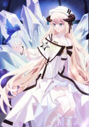 Rule 34 | animal, arknights, bare shoulders, bird, blonde hair, blue bird, blue eyes, boots, brown horns, chinese commentary, commentary request, crystal, curled horns, dress, feet out of frame, grey boots, hat, highres, horns, knee boots, lingdang67607, long hair, long sleeves, looking at animal, nightingale (arknights), parted lips, star (symbol), turtleneck, turtleneck dress, very long hair, white dress, white hat