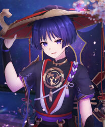 Rule 34 | 1boy, absurdres, arm at side, armor, black bodysuit, black kimono, black mask, black sleeves, black trim, black veil, blunt ends, blurry, blurry background, bodysuit, cherry blossoms, eyelashes, eyeliner, eyeshadow, falling petals, furisode, genshin impact, gold, gold trim, hand up, hat, highres, japanese armor, japanese clothes, jewelry, jingasa, juban, kimono, kote, kurokote, layered sleeves, looking at viewer, makeup, male focus, mask on hat, mitsudomoe (shape), neck ring, night, night sky, o-ring, open clothes, open kimono, open mouth, outdoors, petals, pink petals, purple eyes, purple hair, purple rope, purple sash, purple sleeves, raised eyebrow, red eyeliner, red eyeshadow, red hat, red kimono, red sash, rina sukareltuto, rope, sash, scaramouche (genshin impact), see-through clothes, see-through veil, shimenawa, short sleeves, signature, sky, solo, star (sky), starry sky, tassel, tomoe (symbol), upper body, veil, white kimono, white rope, wispy bangs