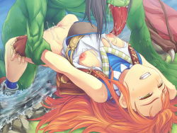 1girl arm_grab bottomless breasts censored clenched_teeth cum cum_in_pussy dark_matrix empty_eyes green_eyes holding_another&#039;s_wrist huge_tongue long_hair monster moonshell nipples orange_hair ragnarok_online rape restrained saliva sex small_breasts super_novice_(ragnarok_online) tears teeth tongue torn_clothes vaginal water