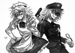 2boys :3 absurdres apron bucket cowboy_shot crossdressing cuffs dress dual_persona fang fang_out glasses greyscale gun hand_on_own_hip handcuffs handgun hat highres holding holding_brush holding_bucket holding_gun holding_handcuffs holding_weapon imnotrlup juliet_sleeves long_sleeves looking_at_viewer maid maid_apron maid_headdress male_focus monochrome multiple_boys one_eye_closed police police_hat police_uniform policeman puffy_sleeves randal&#039;s_friends randal_ivory sheriff_badge short_hair simple_background standing weapon white_background