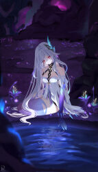 1girl absurdres bare_shoulders closed_eyes closed_mouth different_reflection dress expressionless genshin_impact grey_hair hair_between_eyes hair_ornament highres long_hair looking_at_viewer night open_mouth outdoors red_eyes reflection sazanami_(re_n_rentaro) sitting skirk_(genshin_impact) smile solo very_long_hair white_dress yokozuwari