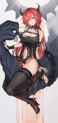 1girl absurdres arknights bad_id bad_pixiv_id bare_shoulders barefoot belt black_belt black_dress black_shoes black_thighhighs blush breasts bridal_gauntlets chest_belt cleavage clothes_pull collarbone commentary_request demon_horns detached_collar disembodied_hand dress dress_pull eyebrows_hidden_by_hair full_body groin hair_between_eyes hair_intakes high_heels highres horns id_card iuui large_breasts liquid long_hair looking_at_viewer navel one_shoe purple_eyes red_hair restrained shoes sidelocks single_shoe sitting skindentation solo surtr_(arknights) thighhighs toes torn_clothes torn_dress torn_thighhighs white_background