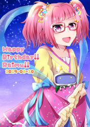 1girl :d blue_bow bow character_name english_text female_focus girlfriend_(kari) glasses highres japanese_clothes kimono nejikawa_raimu night night_sky non_no_urara open_mouth outdoors pink_hair purple_eyes robot sky smile solo standing twintails yellow_kimono