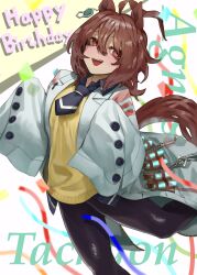 1girl :d absurdres agnes_tachyon_(umamusume) ahoge animal_ears black_necktie black_pantyhose black_shirt brown_hair character_name chemical_structure cork earrings flask hair_between_eyes happy_birthday highres horse_ears horse_girl horse_tail jewelry lab_coat long_sleeves necktie open_mouth pantyhose red_eyes shirt short_hair short_necktie single_earring sleeves_past_fingers sleeves_past_wrists smile solo sweater_vest tail tonariuta umamusume yellow_sweater_vest