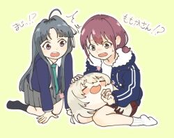 3girls =_= ahoge awa_subaru ayataka_syumimi black_hair black_socks blue_eyes blue_jacket blush chibi closed_eyes commentary_request girls_band_cry green_necktie grey_eyes grey_hair grey_skirt hair_intakes hood hood_down hooded_jacket iseri_nina jacket kawaragi_momoka long_hair low_twintails multicolored_hair multiple_girls necktie open_clothes open_jacket open_mouth outline parted_bangs pleated_skirt purple_eyes red_skirt roots_(hair) shirt short_hair short_twintails sidelocks skirt socks sweatdrop teeth translation_request twintails upper_teeth_only white_outline white_shirt white_socks yellow_background