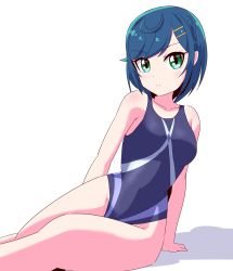 1girl ahoge blue_hair blue_one-piece_swimsuit competition_swimsuit delicious_party_precure fumiki_rikiya fuwa_kokone green_eyes grey_one-piece_swimsuit hair_ornament hairclip highres looking_at_viewer multicolored_swimsuit one-piece_swimsuit precure short_hair simple_background sitting solo swimsuit white_background yokozuwari