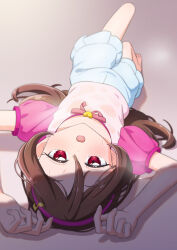 1girl :o arms_up bare_legs barefoot blue_shorts blurry blush bow brown_hair collarbone commentary crack_of_light curled_fingers depth_of_field double-parted_bangs eighth_note feet fortissimo frilled_shorts frills full_body hair_between_eyes hair_ornament hairband half-closed_eyes heat_stroke high-waist_shorts highres kimi_to_idol_precure knee_up looking_at_viewer lying musical_note musical_note_hair_ornament on_back on_floor open_mouth pink_background pink_bow pink_hairband pink_shirt precure puffy_short_sleeves puffy_sleeves raised_eyebrows red_eyes sakura_uta_(precure) shadow shirt shirt_bow short_sleeves shorts simple_background solo sweat sweaty_clothes tiler_(tiler00) toes unkempt upside-down wet wet_clothes wet_shirt