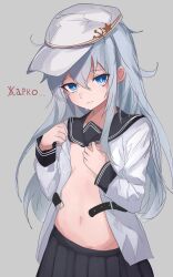 Rule 34 | 1girl, belt, black belt, black sailor collar, black skirt, blue eyes, blue hair, breasts, commentary request, double-parted bangs, dress shirt, flat cap, frown, grey background, hair between eyes, hammer and sickle, hat, hat pin, hibiki (kancolle), highres, kantai collection, long hair, long sidelocks, long sleeves, looking at viewer, miron (mirona33), navel, open clothes, open shirt, pleated skirt, russian text, sailor collar, shirt, sidelocks, simple background, skirt, small breasts, solo, standing, star pin, stomach, translation request, unbuttoned, unbuttoned shirt, undressing, upper body, verniy (kancolle), very long hair, white hat, white shirt