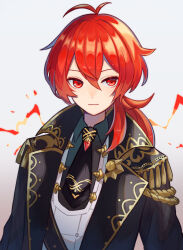 Rule 34 | 1boy, ahoge, black jacket, black necktie, black shirt, collared shirt, commentary request, corn kuten, diluc (genshin impact), fire, frown, genshin impact, gold trim, highres, jacket, long hair, looking at viewer, male focus, necktie, ponytail, red eyes, red hair, shirt, solo, upper body, vest, white vest