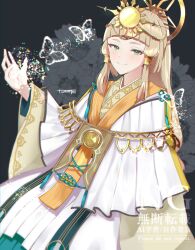 1girl blonde_hair blunt_bangs bug butterfly closed_mouth commentary_request cowboy_shot floral_background flower green_eyes hand_up highres insect japanese_clothes kanata_(rune_factory) kimono long_hair long_sleeves looking_at_viewer natsume_(tuuunya) rune_factory rune_factory:_guardians_of_azuma sidelocks smile solo standing sun_hair_ornament white_kimono wide_sleeves