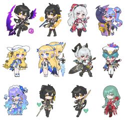 2boys 6+girls bandage_over_one_eye black_dress black_hair black_horns black_jacket black_pants blue_eyes blue_flower blue_hair bow braid brant_(wuthering_waves) cantarella_(wuthering_waves) carlotta_(wuthering_waves) cartethyia_(wuthering_waves) chibi chibi_only closed_umbrella commentary crown_of_thorns curled_horns dl_(dl_6ix) dress dual_persona earrings female_rover_(wuthering_waves) fleurdelys_(wuthering_waves) flower gradient_hair grey_hair gun hair_bow hair_flower hair_ornament hair_ribbon hat highres holding holding_gun holding_scythe holding_staff holding_sword holding_umbrella holding_weapon horns jacket jewelry long_hair looking_at_viewer low_twin_braids male_rover_(wuthering_waves) multicolored_hair multiple_boys multiple_girls one_eye_closed own_hands_clasped own_hands_together pants pantyhose parasol pero_(wuthering_waves) phoebe_(wuthering_waves) phrolova_(wuthering_waves) pink_bow pink_hair pink_jacket pointy_ears purple_eyes purple_hair purple_umbrella red_dress ribbon roccia_(wuthering_waves) rover_(wuthering_waves) scythe simple_background smile spider_lily staff sword tricorne twin_braids two-tone_hair umbrella weapon white_background white_dress white_pants white_pantyhose wuthering_waves yellow_eyes yellow_ribbon zani_(wuthering_waves)