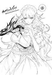 Rule 34 | 1girl, alternate costume, annoyed, apron, breasts, diabellze the original sinkeeper, duel monster, enmaided, frills, frown, heart, heart hands, highres, kasanashiameari, large breasts, long hair, looking at viewer, maid, maid apron, maid headdress, monochrome, simple background, solo, standing, twitter username, white background, yu-gi-oh!