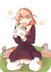 1girl :d animal animalization bird blue_ribbon blush brown_dress commentary dress duck facing_viewer flower flower_symbol fujishima_megumi full_body hair_flower hair_ornament hair_ribbon highres hinoshita_kaho holding holding_animal link!_like!_love_live! long_sleeves love_live! medium_dress medium_hair murano_sayaka neckerchief open_mouth orange_hair osawa_rurino otomune_kozue pink_flower rabbit_hair_ornament red_flower red_neckerchief ribbon running sailor_collar simple_background sitting smile star_(symbol) star_hair_ornament stew_youbi tassel tassel_hair_ornament two_side_up virtual_youtuber wariza white_background white_sailor_collar winter_uniform yugiri_tsuzuri