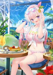 1girl :d airani_iofifteen bikini blue_hair blue_sky bow_hairband cloud commentary day double_bun drink english_commentary eyewear_on_head food frilled_bikini frills gradient_hair green_hairband hair_bun hair_ornament hairband heart heart-shaped_eyewear hololive hololive_indonesia long_hair looking_at_viewer multicolored_hair navel open_mouth palette_hair_ornament pancake pink_bikini pink_hair pink_hairband purple_eyes scrunchie shirt side_up_bun sidelocks sitting sky smile solo stomach sunglasses swimsuit t-shirt tied_shirt twintails two-tone_hairband virtual_youtuber white_shirt wrist_scrunchie yano_mitsuki_(nanairo)