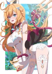 Rule 34 | 1girl, absurdres, ahoge, artist name, bent over, black bow, black bowtie, blonde hair, blue eyes, bow, bowtie, breasts, commentary request, dress, escoffier (genshin impact), fork hair ornament, frilled wrist cuffs, frills, fuyunash1, genshin impact, hair between eyes, hat, heart, heart in eye, highres, large breasts, long hair, looking at viewer, mechanical tail, open mouth, panties, red bow, sleeveless, sleeveless dress, solo, symbol in eye, tail, tail bow, tail ornament, thighhighs, underwear, very long hair, white hat, white panties, white thighhighs, wrist cuffs