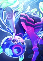 Rule 34 | 1girl, absurdres, ass, black bodysuit, bodysuit, digimon, digimon (creature), full body, hasegawa (hase popopo), highres, jellymon, looking at viewer, pointy ears, smile, solo, underwater