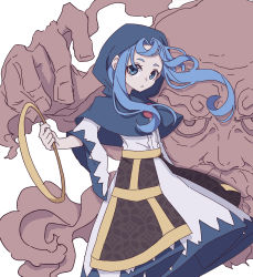 1girl absurdres blue_eyes blue_hair closed_mouth dress highres holding hood hood_up hook kame_(kamepan44231) kumoi_ichirin long_hair long_sleeves one-hour_drawing_challenge simple_background solo touhou unzan white_background white_dress