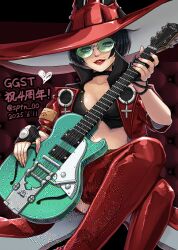 1girl artist_name black_choker black_gloves black_hair black_shirt boots breasts choker cleavage commentary cropped_jacket dated fingerless_gloves gloves grin guilty_gear guilty_gear_strive guitar hat heart holding holding_guitar holding_instrument i-no instrument jacket looking_at_viewer mole mole_under_eye open_clothes open_jacket red_boots red_hat red_jacket red_lips shirt short_hair small_breasts smile solo sptn_00 twitter_username venus_symbol watermark witch_hat